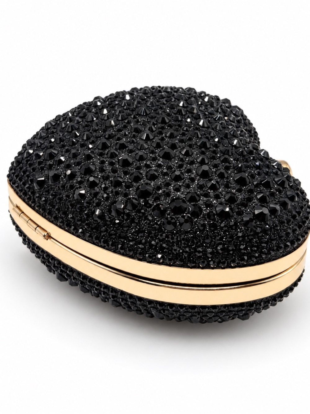 Black Crystal Heart Clutch Purse Gold Handle Formal Evening Bag Womens NEW - Picture 3 of 13